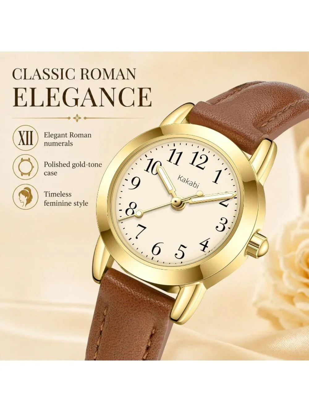 Women's Brown Gold Vintage Analog Slim Leather Strap Quartz Movement Watch